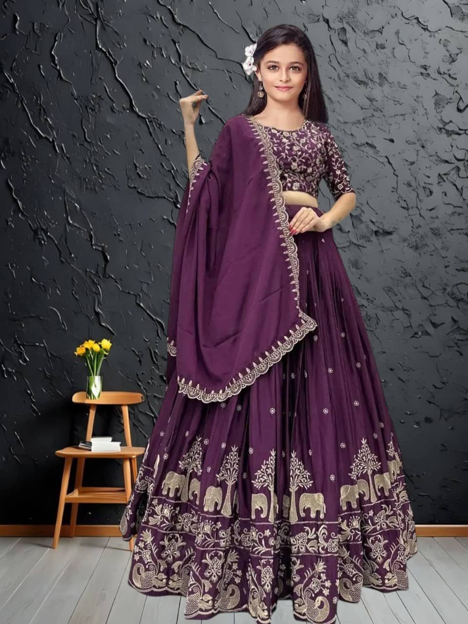 Keyura Silk Lehenga Choli Set For Girls ( Pack of 1 , Wine )