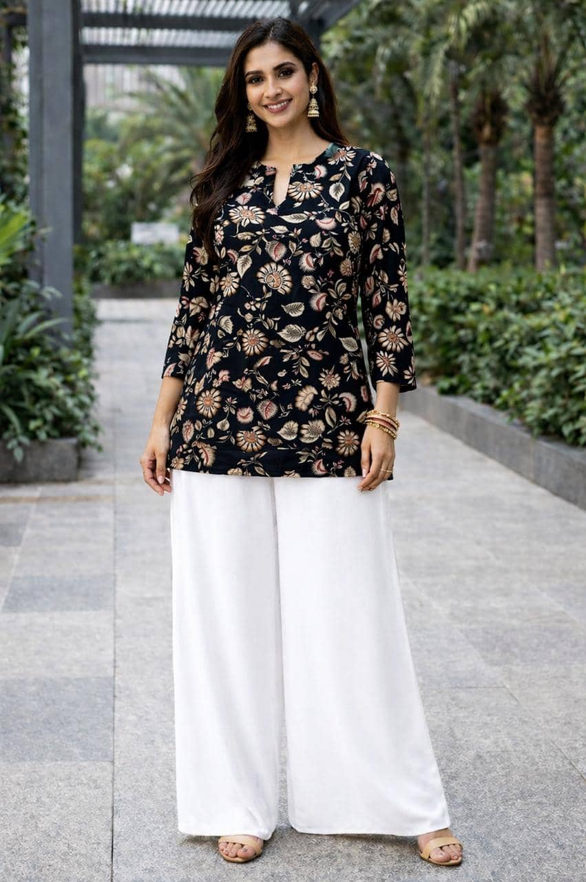 Mahek Fashion Women Printed Tunic With Palazzos Co-Ord Set ( Black )