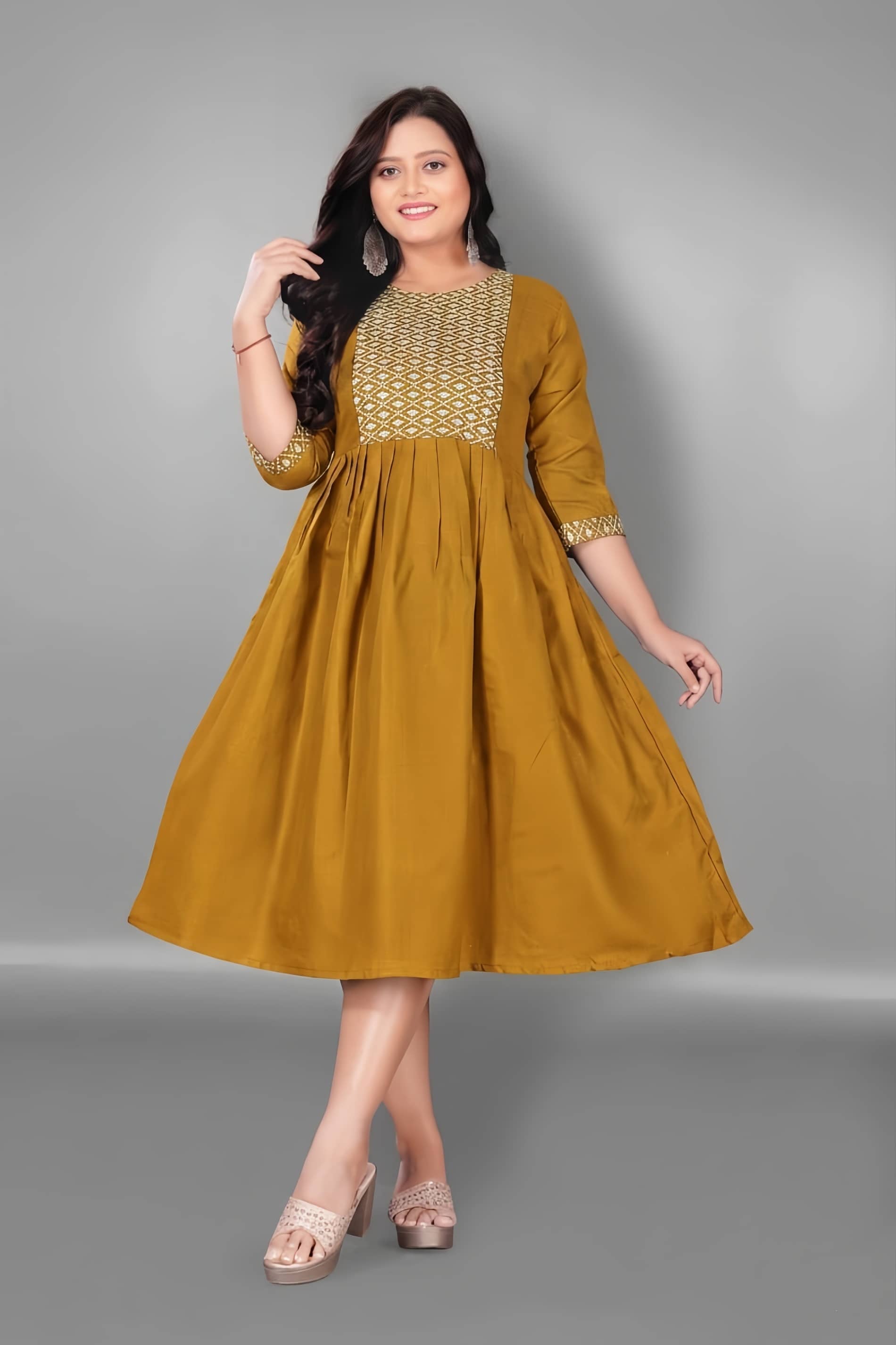 Hetsa Women Cotton Blend Embroidered Anarkali Kurti ( Mustard ) - Kurtis, Tunics | Buy online on ZillyBuy