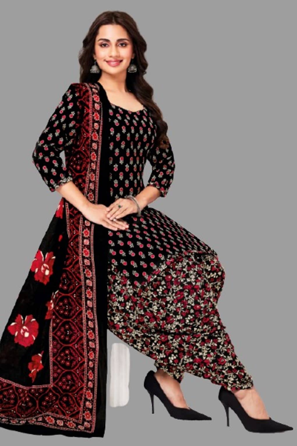 SIMMU Women Cotton Printed Straight Kurti With Patiala Salwar ( Black )