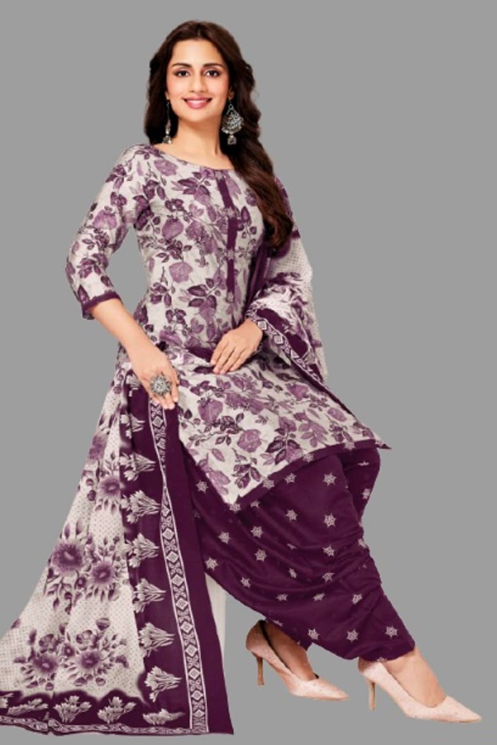 shree jeenmata collection Women Cotton Printed Straight Kurti With Patiala Salwar ( Purple )