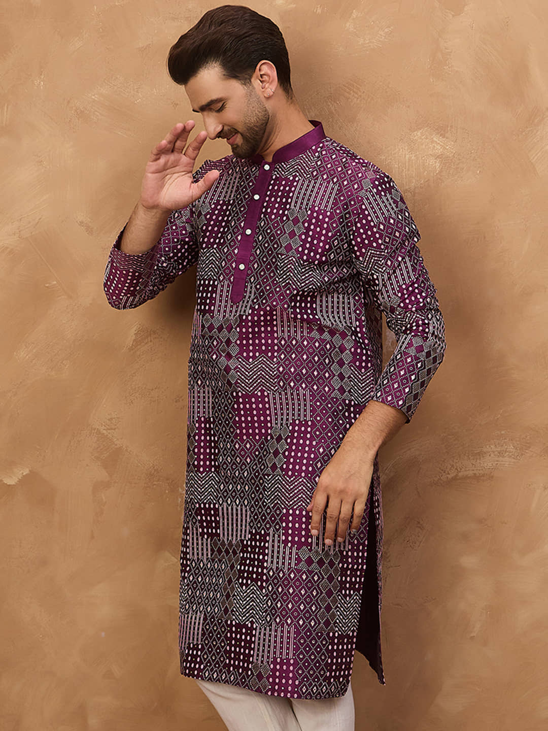 Ethnic Bay Blended Printed Regular Kurta For Men ( Purple ) - Kurtas & Kurta Sets | Buy online on ZillyBuy