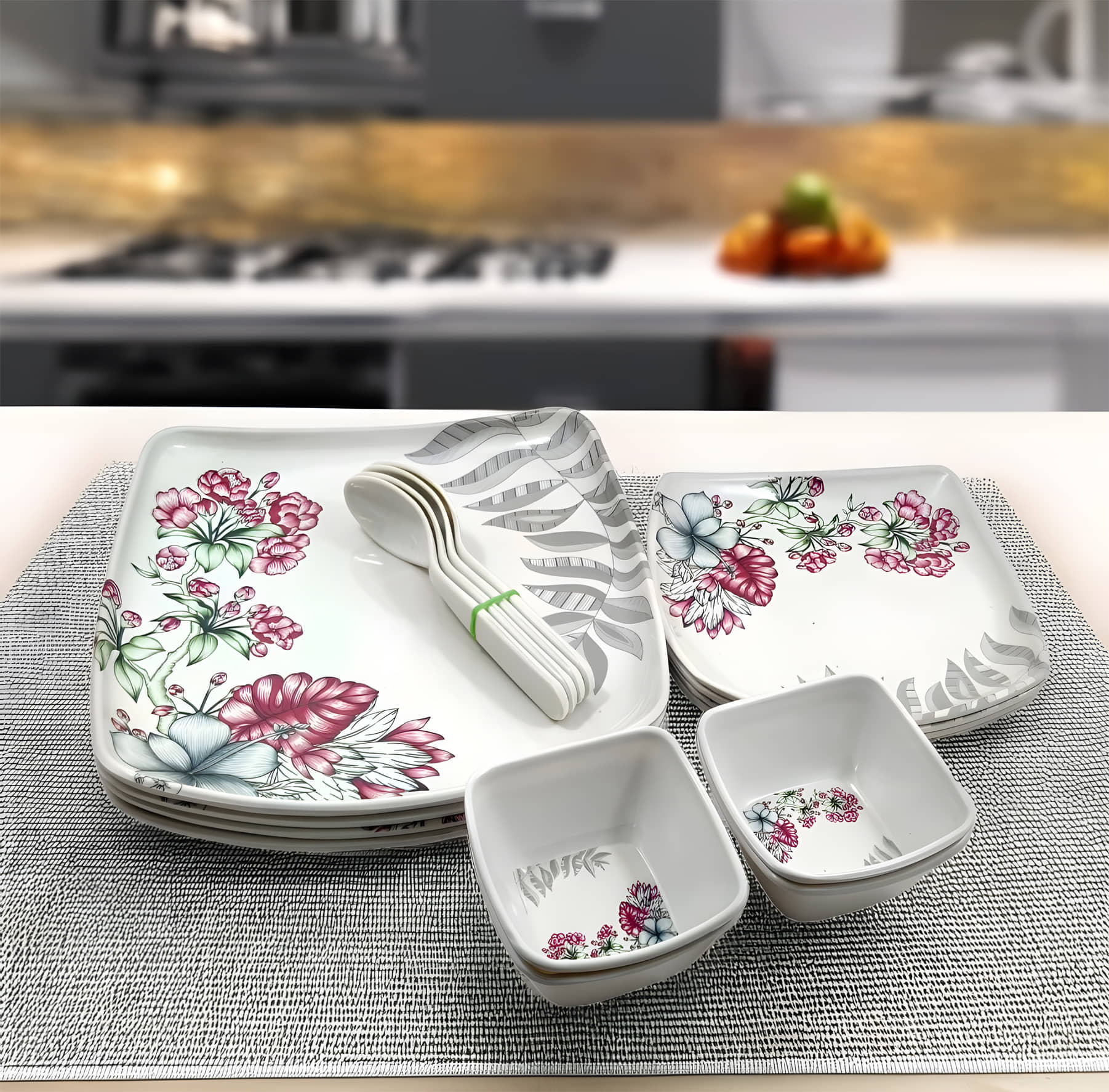 Inpro Stylish Flower Printed Melamine Dinner Set ( Pack of 16 ) Multicolor