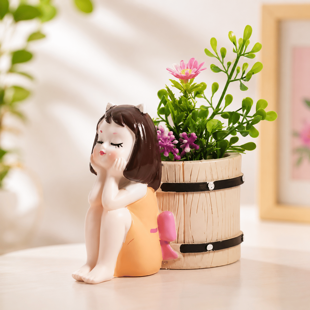 PICKARTME Cute Girl Flower Pot Showpiece with Artificial Plant | Resin Decorative Planter for Home, Office & Table Decor