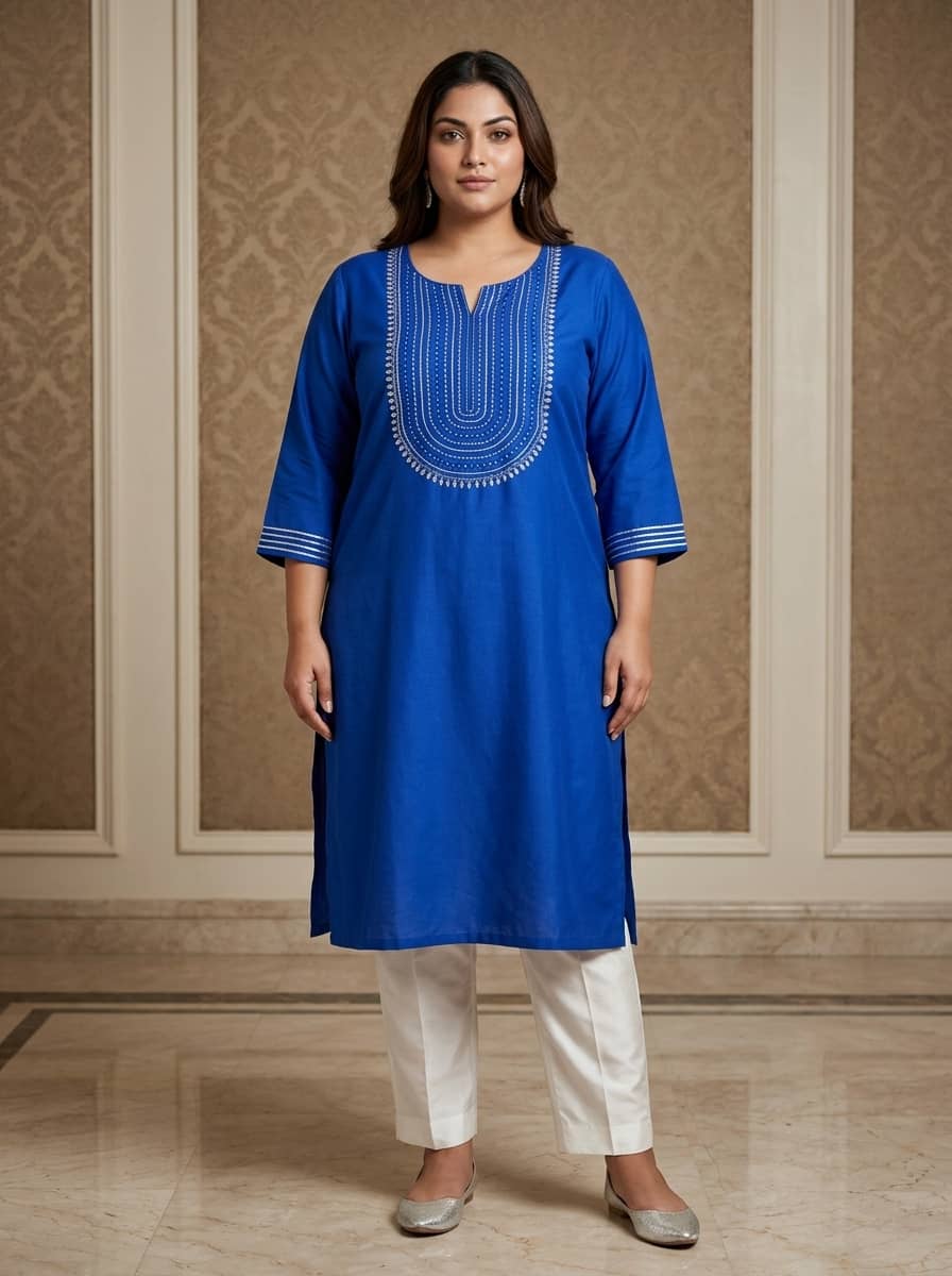 Swasti Women Cotton Blend Embroidered Straight Kurti ( Navy Blue ) - Kurtis, Tunics | Buy online on ZillyBuy