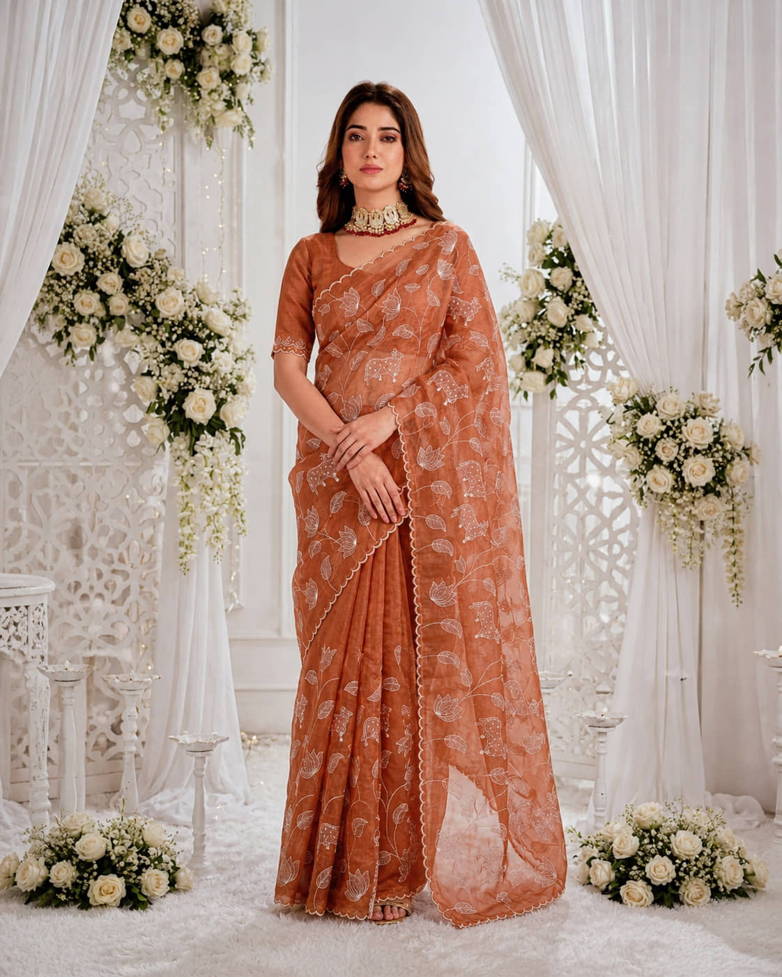 Sindharat Fashion Silk Blend Embroidered Regular Saree With Unstitched Blouse Piece ( Orange ) - Sarees | Buy online on ZillyBuy