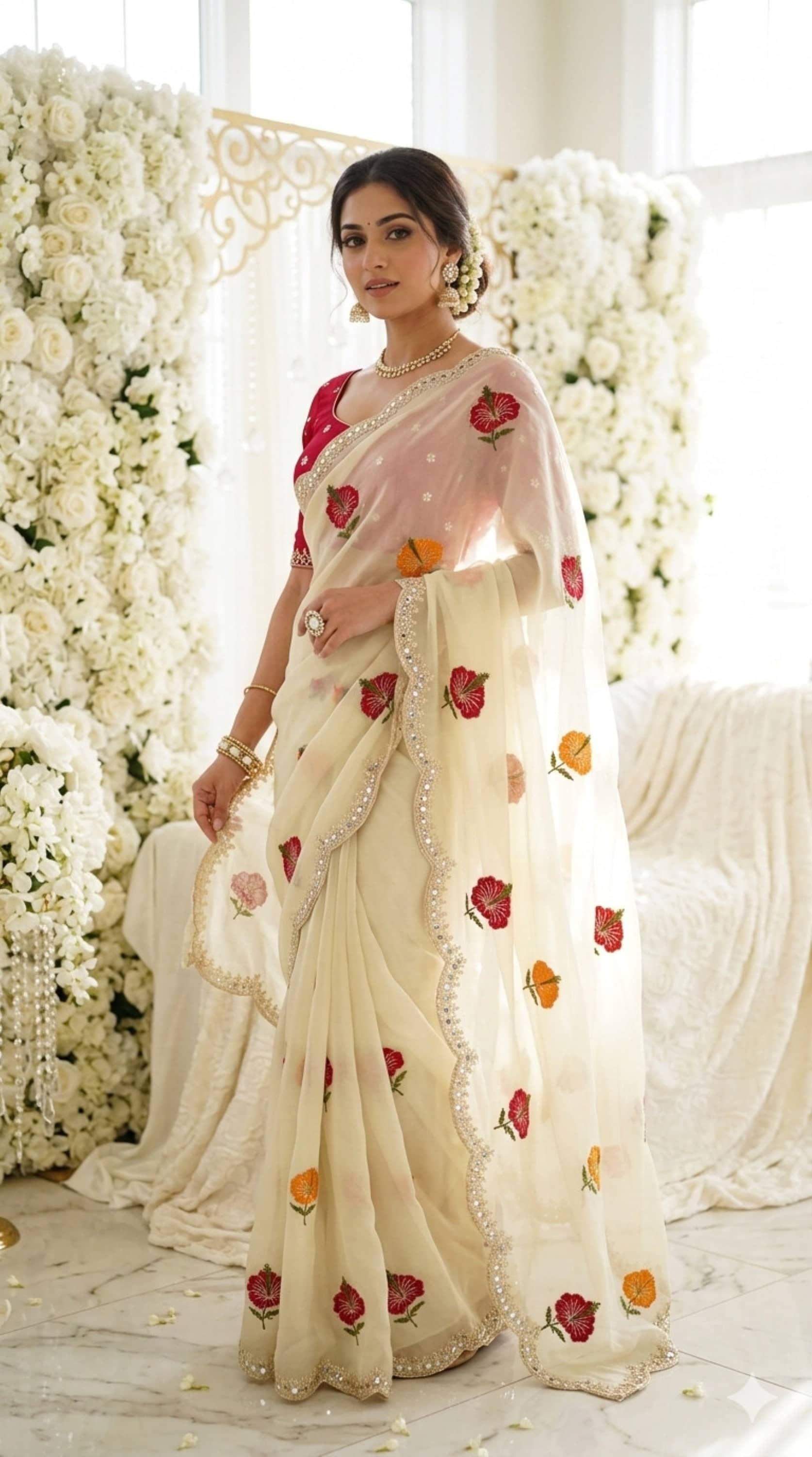 Sindharat Fashion Silk Blend Embroidered Regular Saree With Unstitched Blouse Piece ( White ) - Sarees | Buy online on ZillyBuy
