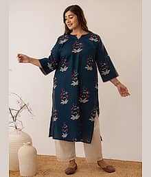 AMTHI Women Cotton Printed Straight Kurti ( Navy )
