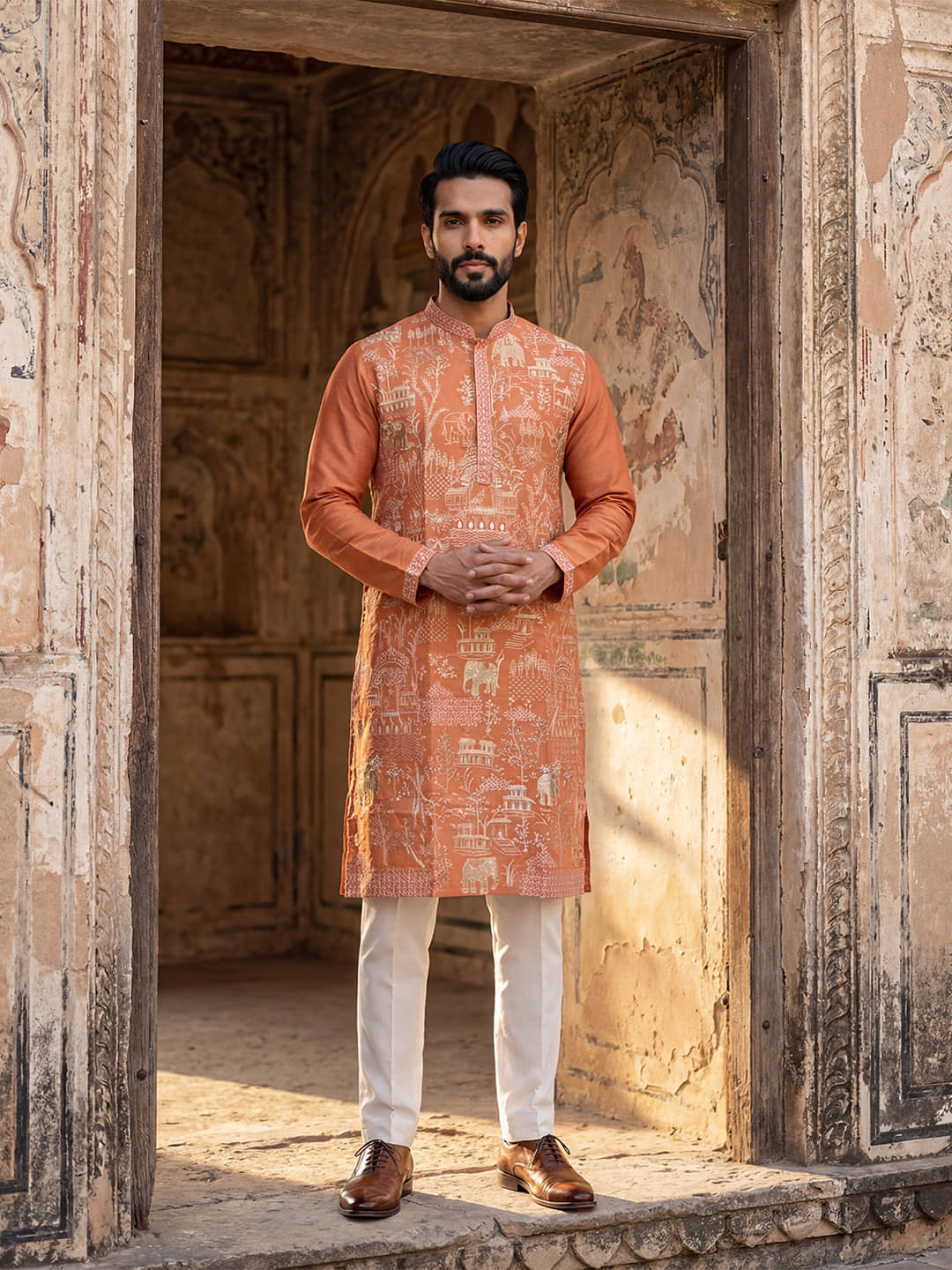 Ethnic Bay Viscose Embroidered Regular Kurta For Men ( Peach ) - Kurtas & Kurta Sets | Buy online on ZillyBuy