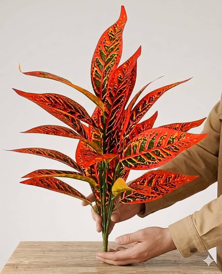 Home Decor Premium Artificial Croton Plant Bush (Multicolor, Pack of 1) - Lifelike Plastic Faux Tropical Leaves Bunch for Living Room & Office Decoration (Without Pot)30cm