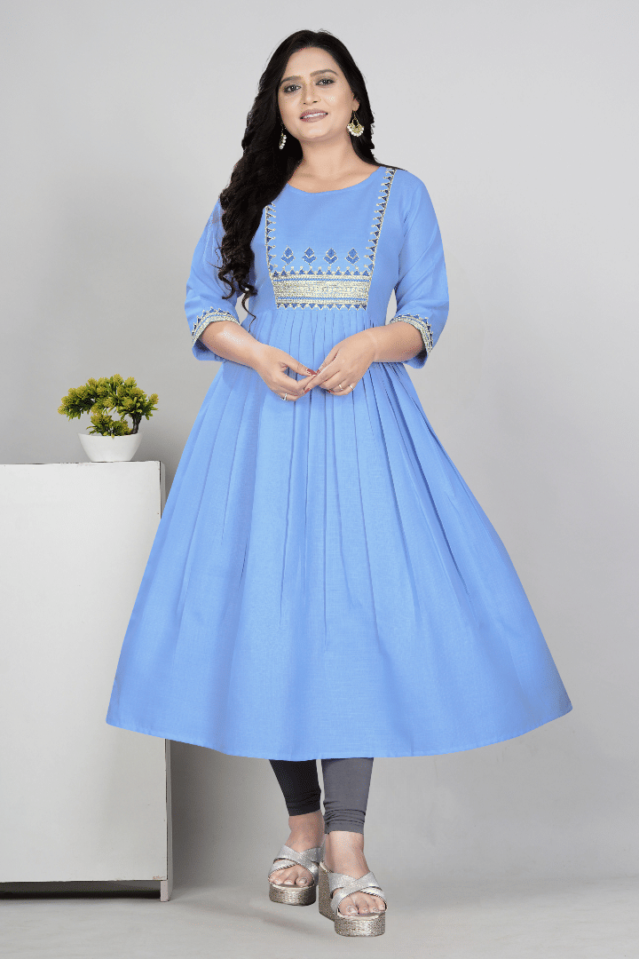 RIAANA Women Cotton Blend Zari Embroidered Anarkali Kurti ( Light Blue ) - Kurtis, Tunics | Buy online on ZillyBuy