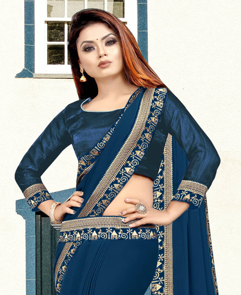 WXW Fashion Lycra Solid Regular Saree With Unstitched Blouse Piece ( Black ) - Sarees | Buy online on ZillyBuy