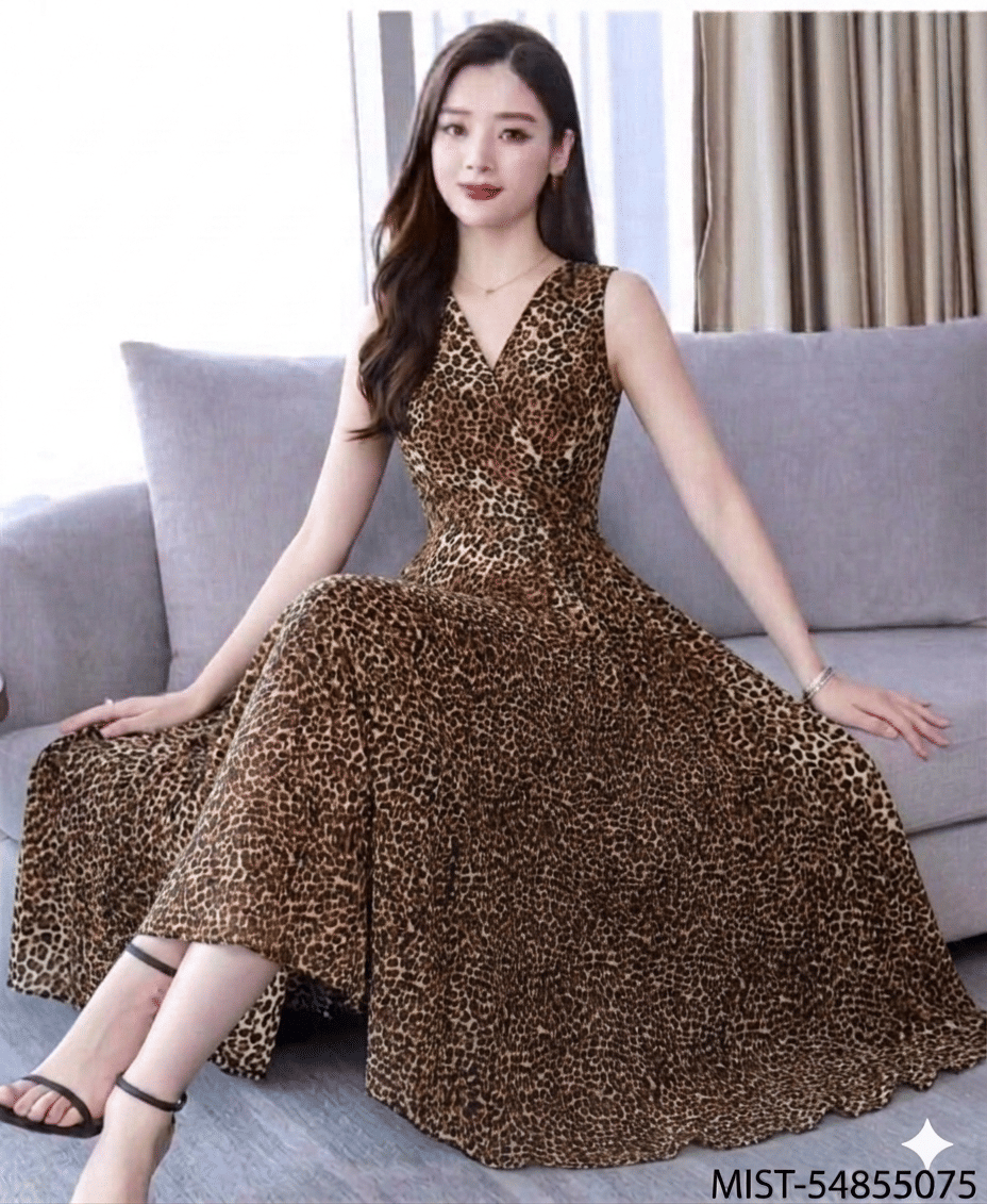 angad tewatia Women Crepe Printed Fit & Flare Dress ( Brown )