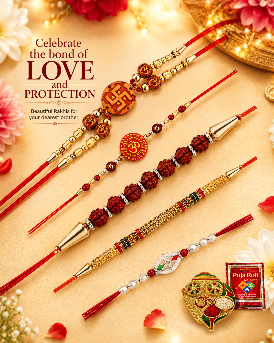 Gift N Shift India Religious 5 Rakhi, 1 pooja plate, 1 Rollie chawal packet Bhaiya Bhabhi Rakhi ( Pack of 5 , Multicolour ) - Bangles & Bracelets | Buy online on ZillyBuy