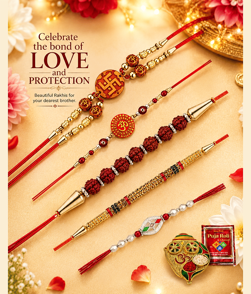 Gift N Shift India Religious 5 Rakhi, 1 pooja plate, 1 Rollie chawal packet Bhaiya Bhabhi Rakhi ( Pack of 5 , Multicolour ) - Bangles & Bracelets | Buy online on ZillyBuy