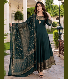 SIPET Women Cotton Blend Self Design Anarkali Kurti with Dupatta ( Green )