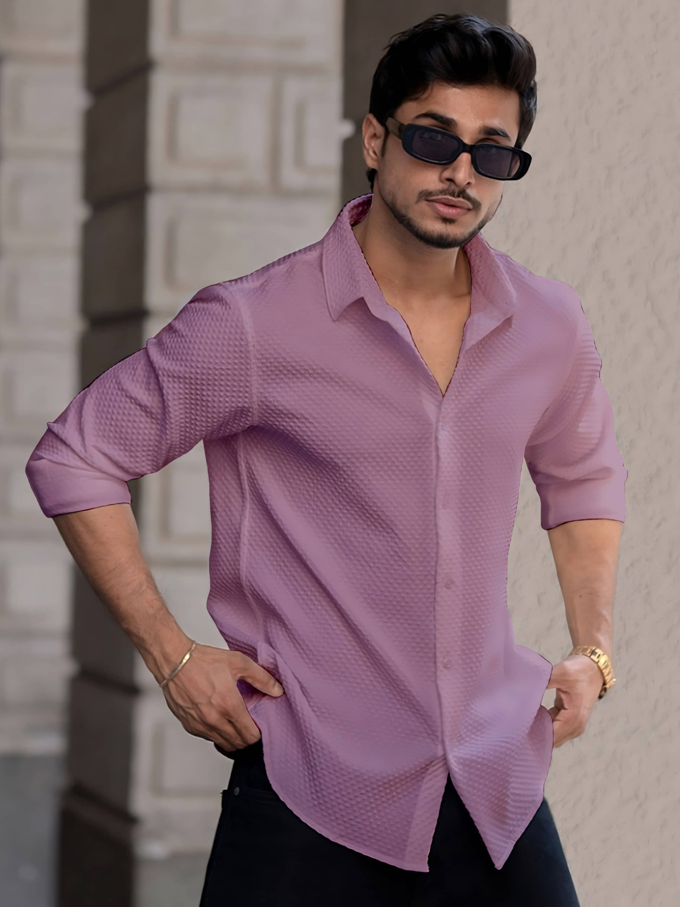 color bucket Cotton Blend Regular Fit Popcorn Textured Full Sleeves Men's Casual Shirt - Pink ( Pack of 1 )