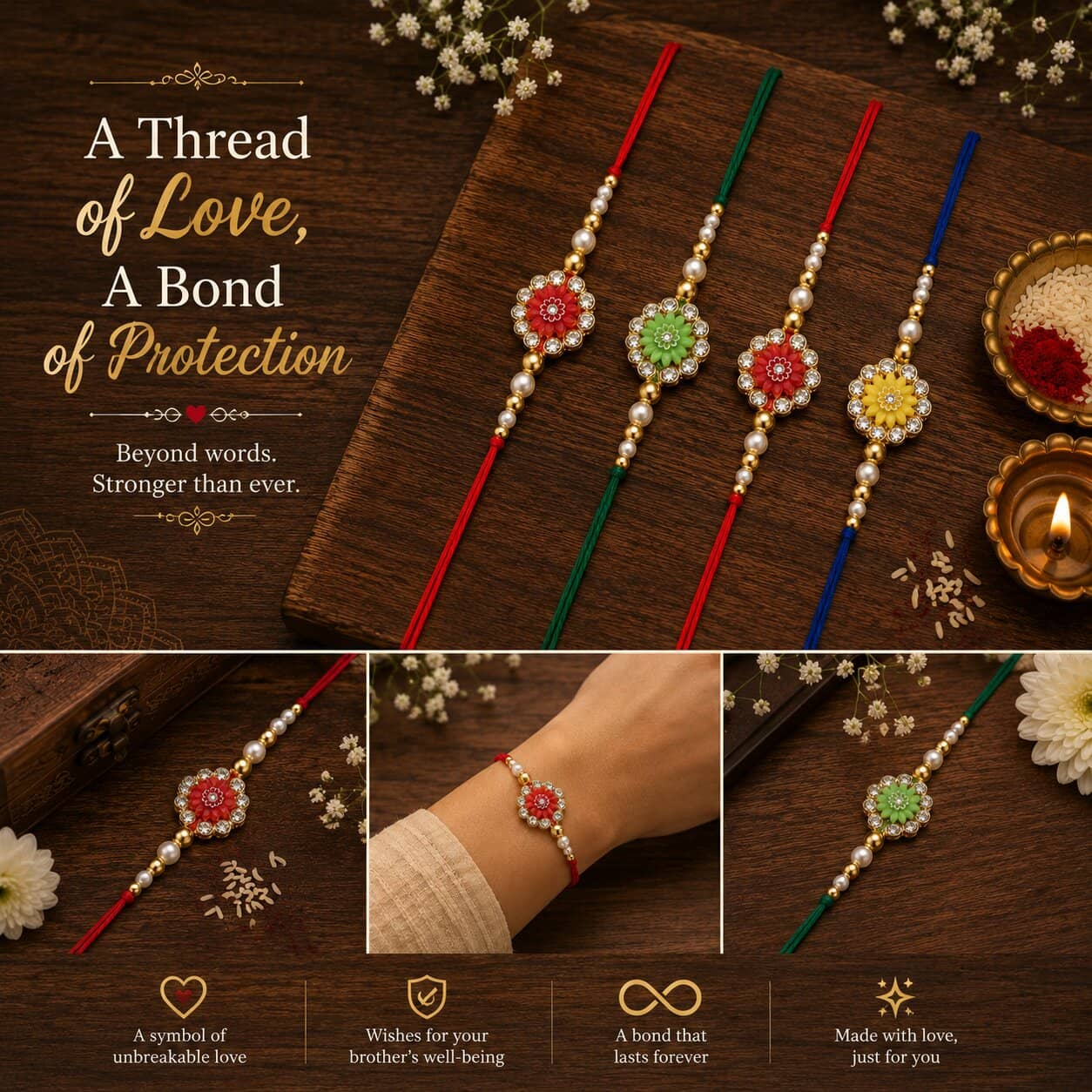 Cherry Tree Handmade 1 Bhaiya Bhabhi Rakhi ( Pack of 4 , Multicolour ) - Bangles & Bracelets | Buy online on ZillyBuy