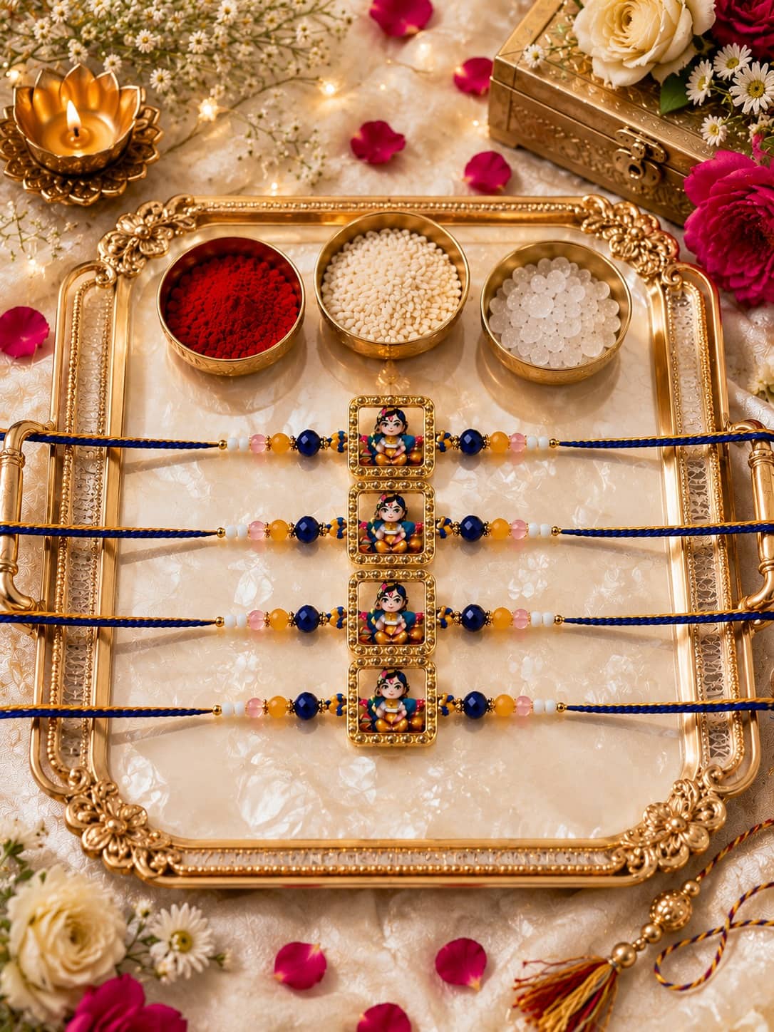 Rhosyn Designer 4 Designer Bal Krishna Rakhis 1 Greeting Card 1 Small Roli, Chawal, Chandan & Mishri Pack Adjustable Rakhi ( Pack of 4 , Multicolour ) - Bangles & Bracelets | Buy online on ZillyBuy