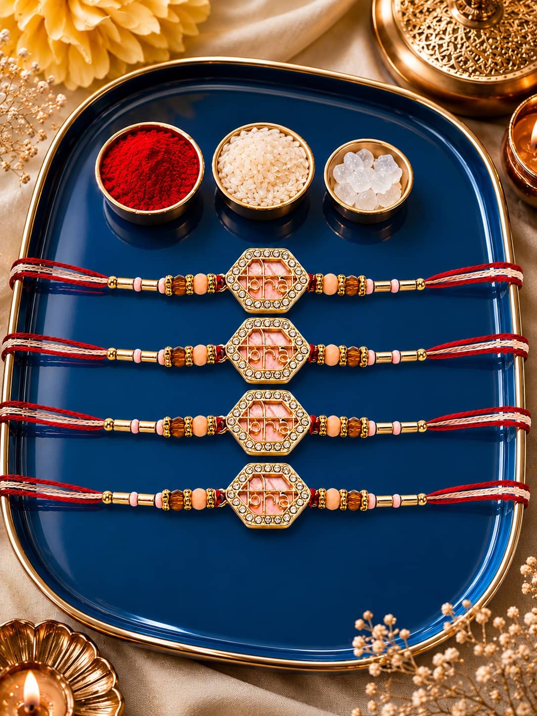 Rhosyn Designer 4 Designer Bhai Rakhis, 1 Greeting Card & 1 Small Roli, Chawal, Chandan & Mishri Pack Adjustable Rakhi ( Pack of 4 , Multicolour ) - Bangles & Bracelets | Buy online on ZillyBuy