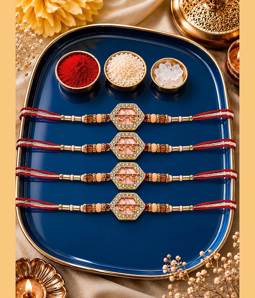 Rhosyn Designer 4 Designer Bhai Rakhis, 1 Greeting Card & 1 Small Roli, Chawal, Chandan & Mishri Pack Adjustable Rakhi ( Pack of 4 , Multicolour ) - Bangles & Bracelets | Buy online on ZillyBuy