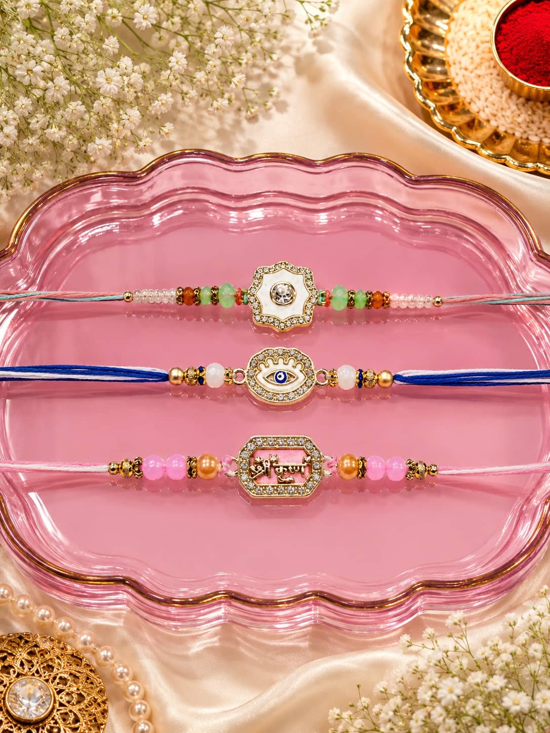 Rhosyn Fancy 3 Designer Rakhis (Floral, Evil Eye & Shree Krishna), 1 Greeting & 1 Roli, Chawal, Pack. Adjustable Rakhi ( Pack of 3 , Multicolour ) - Bangles & Bracelets | Buy online on ZillyBuy