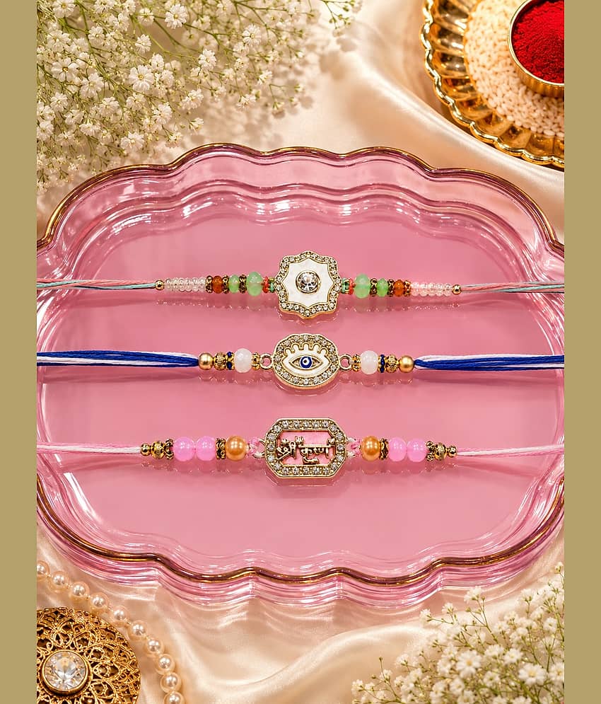 Rhosyn Fancy 3 Designer Rakhis (Floral, Evil Eye & Shree Krishna), 1 Greeting & 1 Roli, Chawal, Pack. Adjustable Rakhi ( Pack of 3 , Multicolour ) - Bangles & Bracelets | Buy online on ZillyBuy