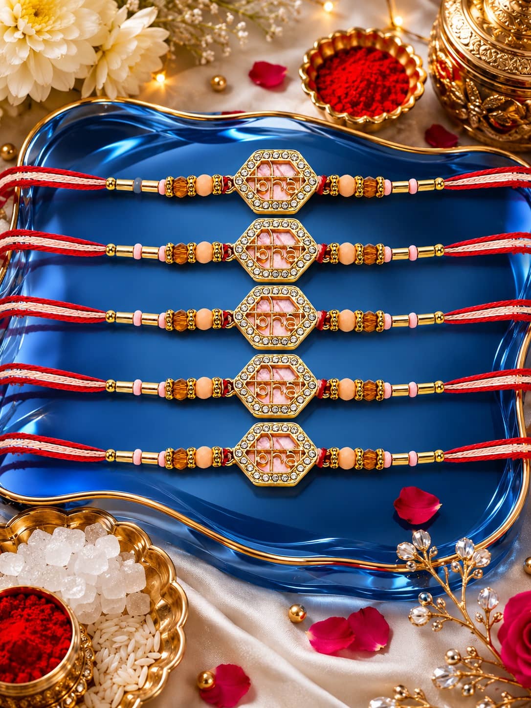 Rhosyn Fancy 5 Designer Bhai Rakhis, 1 Greeting Card & 1 Small Roli, Chawal, Chandan & Mishri Pack Adjustable Rakhi ( Pack of 5 , Multicolour ) - Bangles & Bracelets | Buy online on ZillyBuy