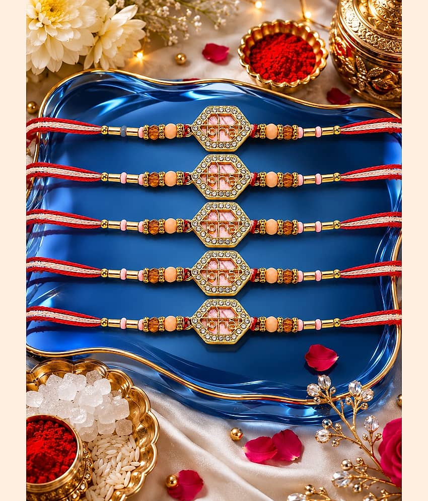 Rhosyn Fancy 5 Designer Bhai Rakhis, 1 Greeting Card & 1 Small Roli, Chawal, Chandan & Mishri Pack Adjustable Rakhi ( Pack of 5 , Multicolour ) - Bangles & Bracelets | Buy online on ZillyBuy