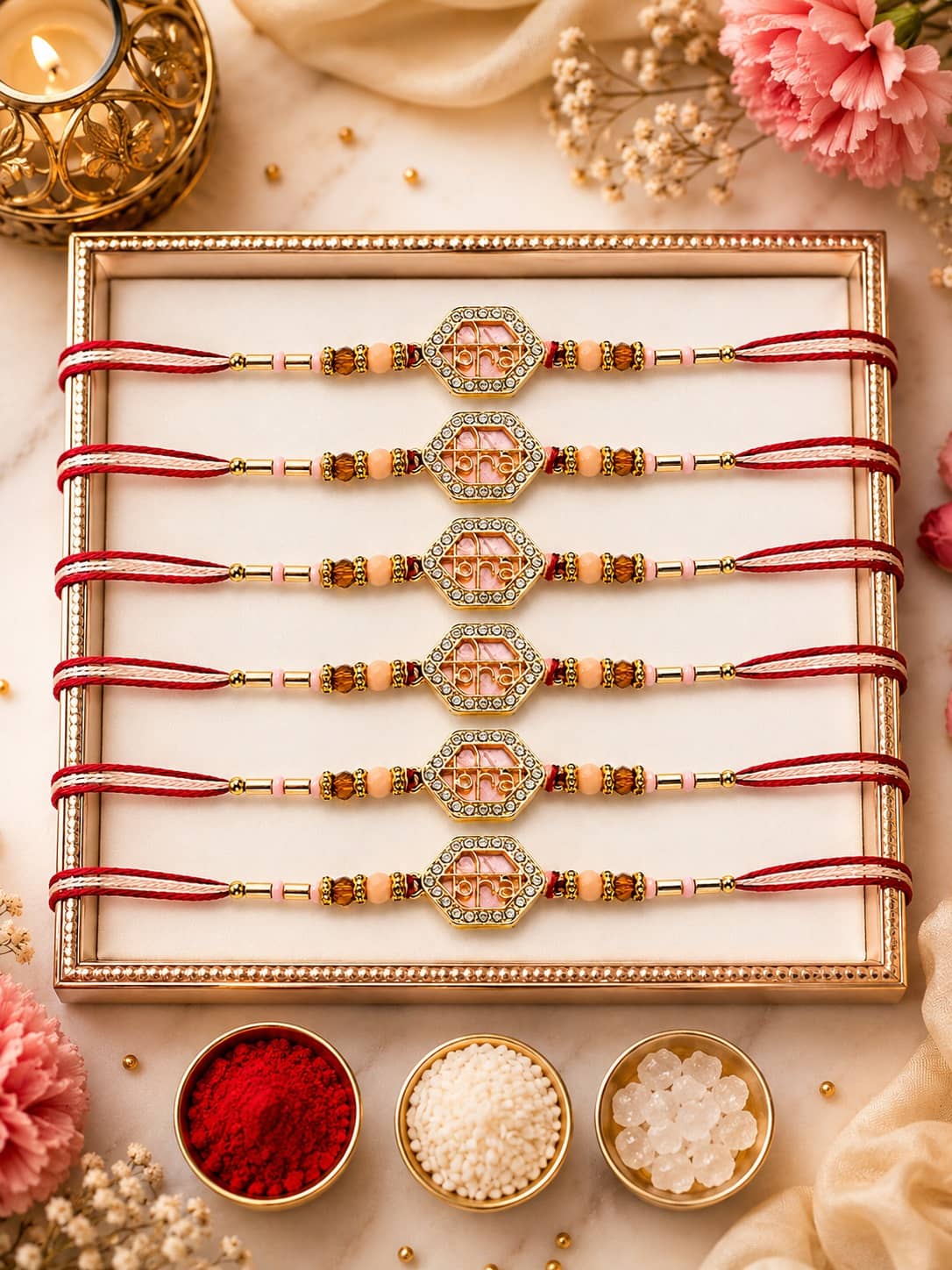 Rhosyn Fancy 6 Designer Bhai Rakhis, 1 Greeting Card & 1 Small Roli, Chawal, Chandan & Mishri Pack Adjustable Rakhi ( Pack of 6 , Multicolour ) - Bangles & Bracelets | Buy online on ZillyBuy