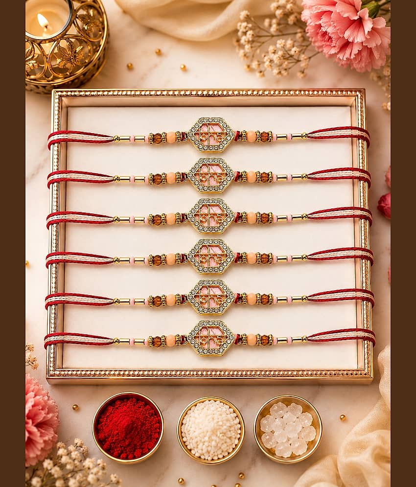 Rhosyn Fancy 6 Designer Bhai Rakhis, 1 Greeting Card & 1 Small Roli, Chawal, Chandan & Mishri Pack Adjustable Rakhi ( Pack of 6 , Multicolour ) - Bangles & Bracelets | Buy online on ZillyBuy
