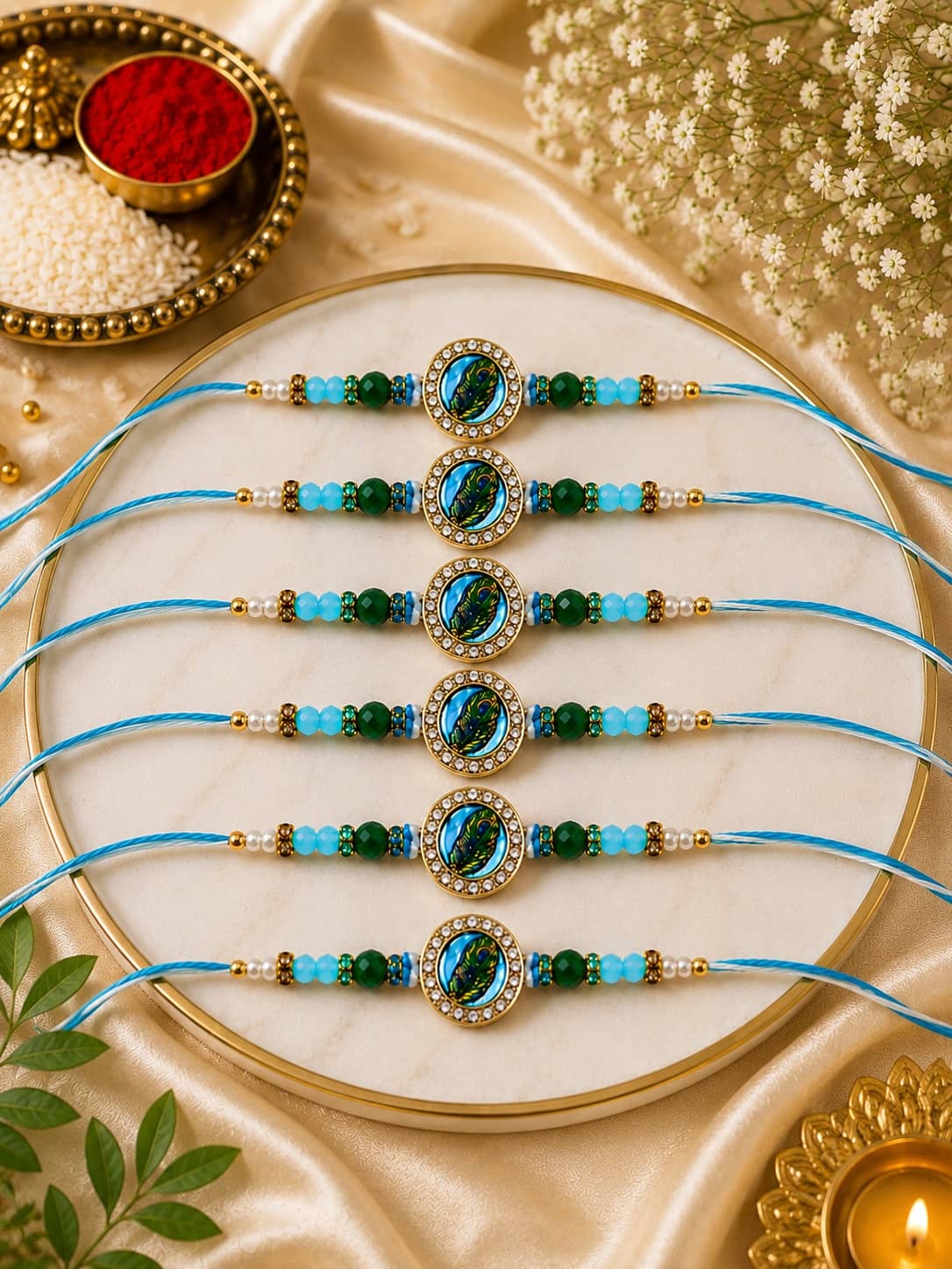 Rhosyn Handmade 6 Designer Peacock Feather Rakhis 1 Greeting Card 1 Small Roli, Chawal, Chandan & Mishri Pack Adjustable Rakhi ( Pack of 6 , Blue ) - Bangles & Bracelets | Buy online on ZillyBuy