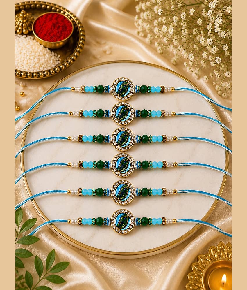 Rhosyn Handmade 6 Designer Peacock Feather Rakhis 1 Greeting Card 1 Small Roli, Chawal, Chandan & Mishri Pack Adjustable Rakhi ( Pack of 6 , Blue ) - Bangles & Bracelets | Buy online on ZillyBuy