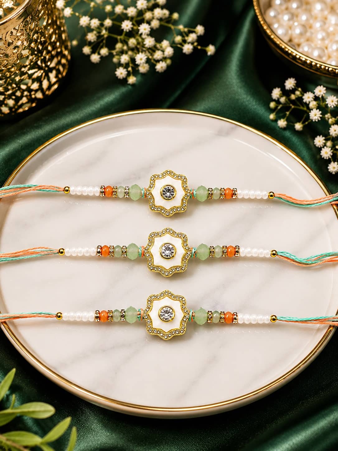 Rhosyn Religious 3 Designer Floral Rakhis, 1 Greeting Card & 1 Small Roli, Chawal, Chandan & Mishri Pack Adjustable Rakhi ( Pack of 3 , Multicolour ) - Bangles & Bracelets | Buy online on ZillyBuy
