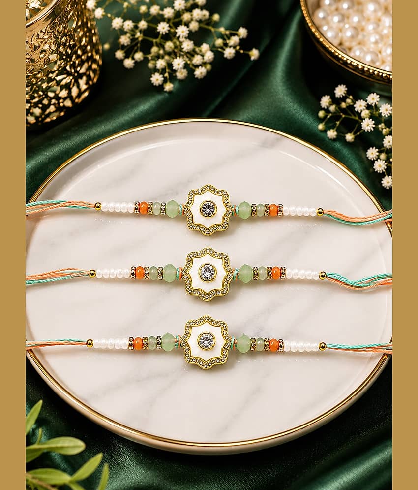 Rhosyn Religious 3 Designer Floral Rakhis, 1 Greeting Card & 1 Small Roli, Chawal, Chandan & Mishri Pack Adjustable Rakhi ( Pack of 3 , Multicolour ) - Bangles & Bracelets | Buy online on ZillyBuy