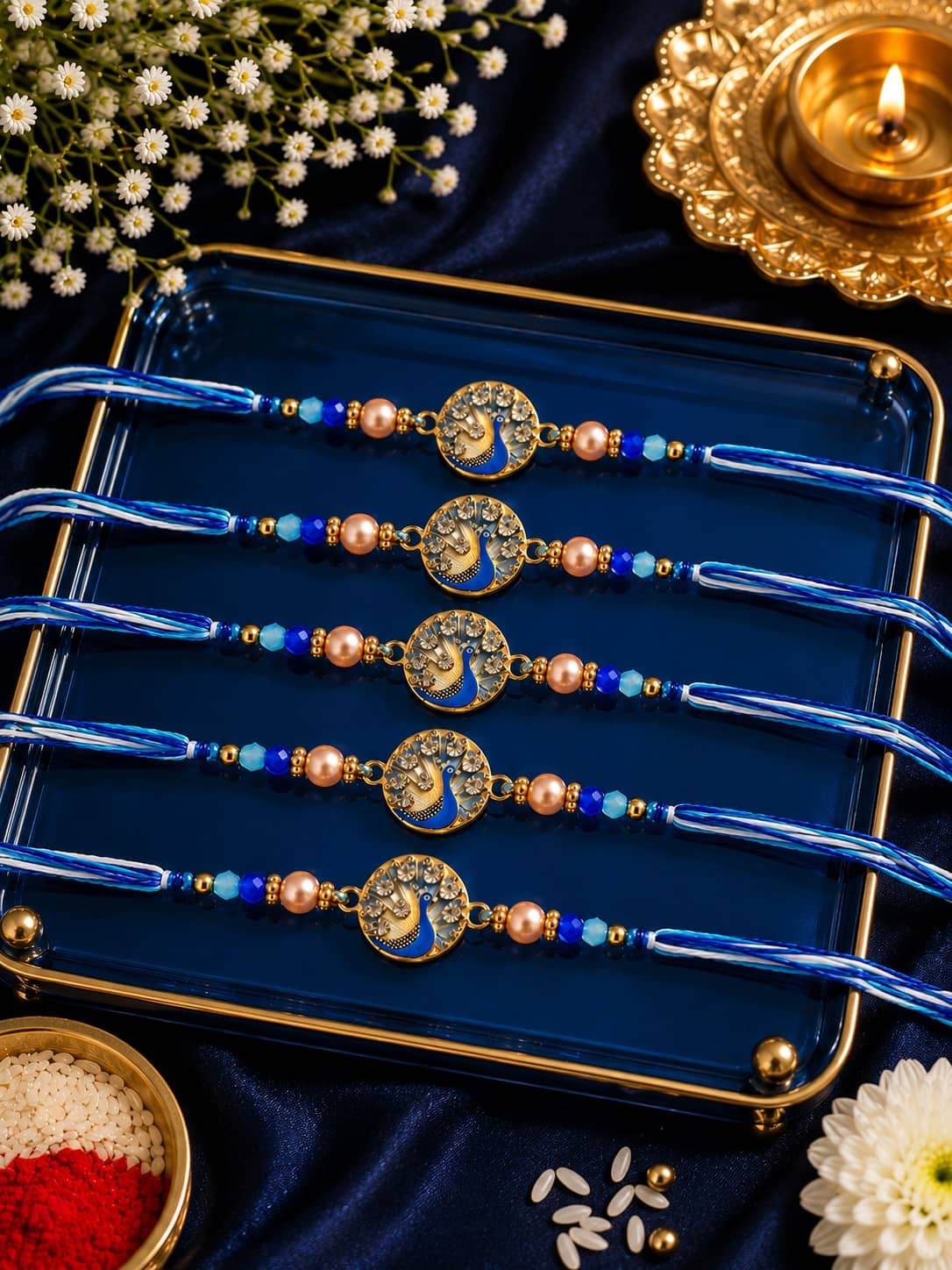 Rhosyn Religious 5 Peacock Designer Rakhis 1 Greeting Card 1 Small Roli, Chawal, Chandan & Mishri Pack Adjustable Rakhi ( Pack of 5 , Blue ) - Bangles & Bracelets | Buy online on ZillyBuy