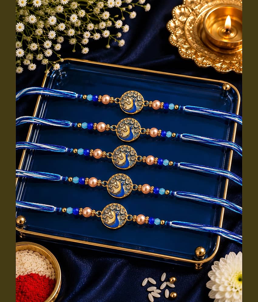 Rhosyn Religious 5 Peacock Designer Rakhis 1 Greeting Card 1 Small Roli, Chawal, Chandan & Mishri Pack Adjustable Rakhi ( Pack of 5 , Blue ) - Bangles & Bracelets | Buy online on ZillyBuy