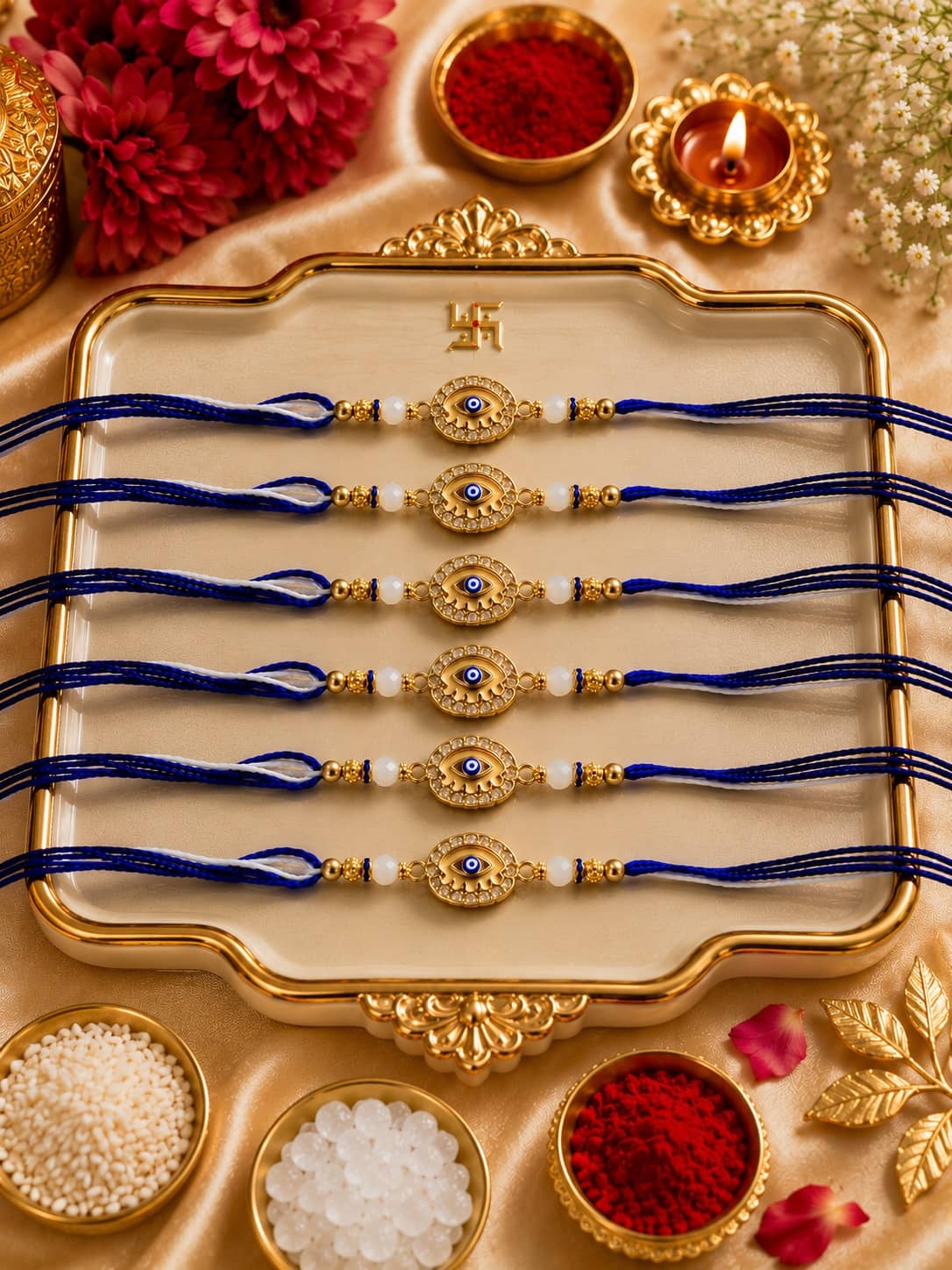 Rhosyn Religious 6 Designer Evil Eye Rakhis 1 Greeting Card 1 Small Roli, Chawal, Chandan & Mishri Pack Adjustable Rakhi ( Pack of 6 , Blue ) - Bangles & Bracelets | Buy online on ZillyBuy
