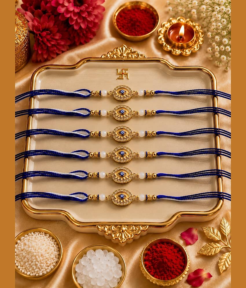 Rhosyn Religious 6 Designer Evil Eye Rakhis 1 Greeting Card 1 Small Roli, Chawal, Chandan & Mishri Pack Adjustable Rakhi ( Pack of 6 , Blue ) - Bangles & Bracelets | Buy online on ZillyBuy