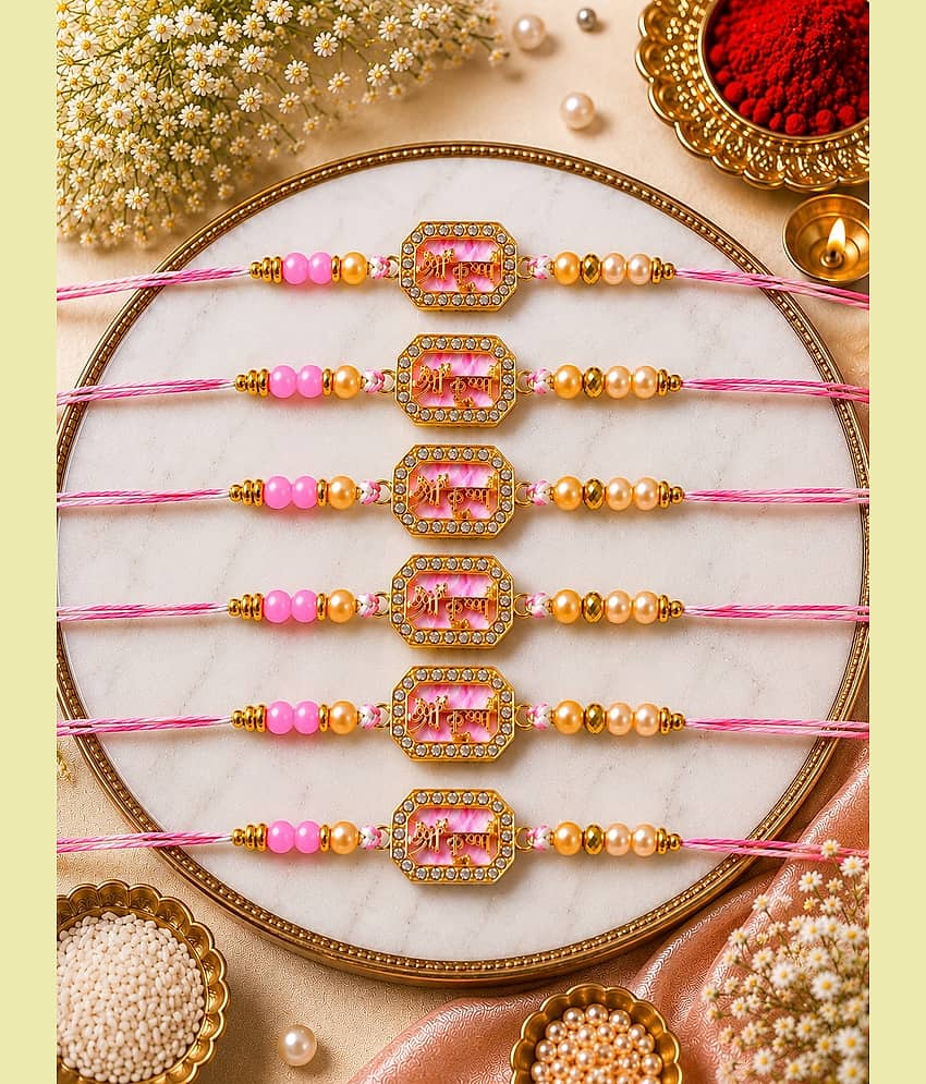 Rhosyn Religious 6 Designer Shree Krishna Rakhis 1 Greeting Card 1 Small Roli, Chawal, Chandan & Mishri Pack Adjustable Rakhi ( Pack of 6 , Pink ) - Bangles & Bracelets | Buy online on ZillyBuy