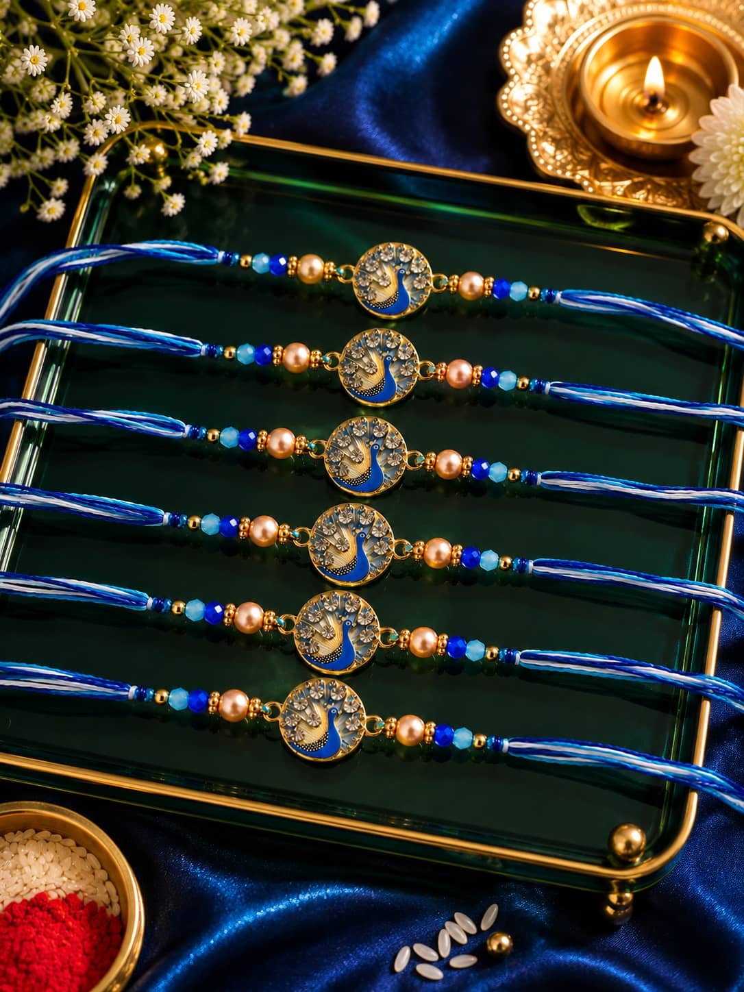 Rhosyn Religious 6 Peacock Designer Rakhis 1 Greeting Card 1 Small Roli, Chawal, Chandan & Mishri Pack Adjustable Rakhi ( Pack of 6 , Blue ) - Bangles & Bracelets | Buy online on ZillyBuy