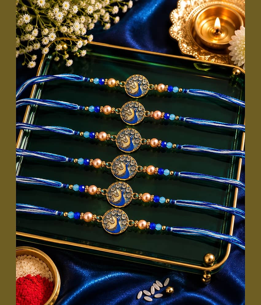 Rhosyn Religious 6 Peacock Designer Rakhis 1 Greeting Card 1 Small Roli, Chawal, Chandan & Mishri Pack Adjustable Rakhi ( Pack of 6 , Blue ) - Bangles & Bracelets | Buy online on ZillyBuy