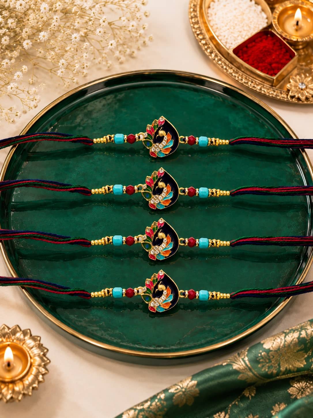 Rhosyn Handmade 4 × Designer Peacock Rakhis 1 × Greeting Card 1 × Small Roli, Chawal, Chandan & Mishri Pack Rakhi Gift Set ( Pack of 4 , Multicolour ) - Bangles & Bracelets | Buy online on ZillyBuy