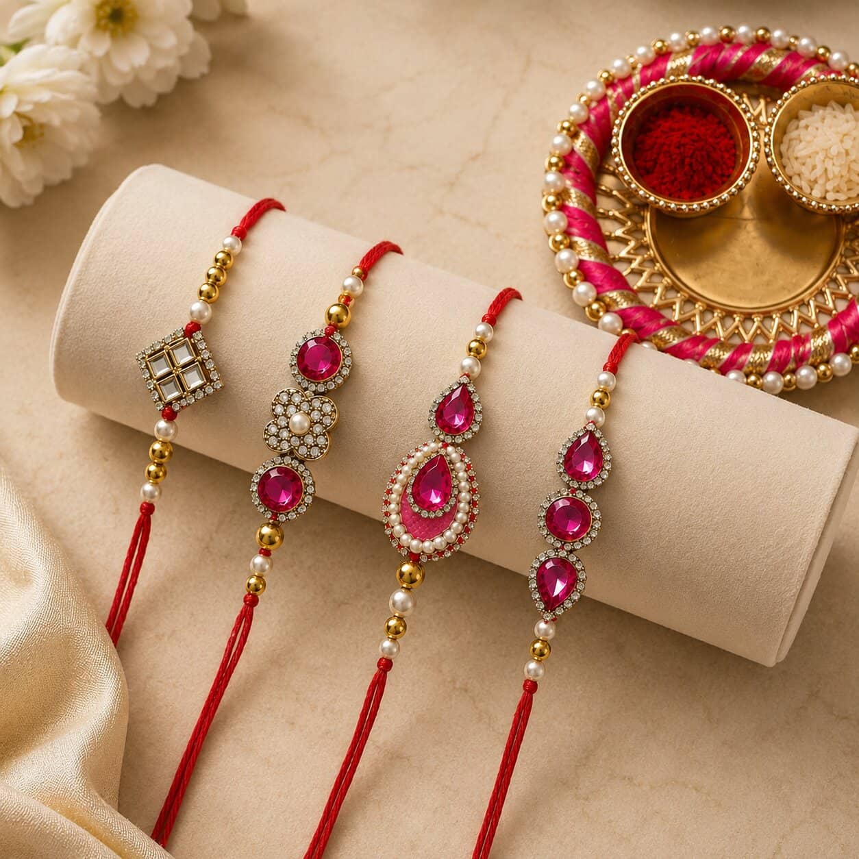 Cherry Tree Handmade 1 Bhaiya Bhabhi Rakhi ( Pack of 4 , Multicolour ) - Bangles & Bracelets | Buy online on ZillyBuy
