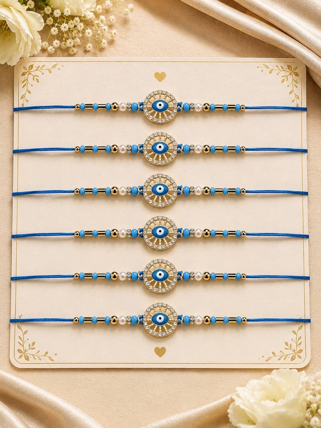 Rhosyn Designer 6 × Evil Eye (Nazar) Rakhis 1 × Greeting Card 1 × Small Roli Pack Adjustable Rakhi ( Pack of 6 , Blue ) - Bangles & Bracelets | Buy online on ZillyBuy