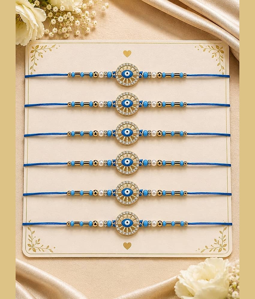 Rhosyn Designer 6 × Evil Eye (Nazar) Rakhis 1 × Greeting Card 1 × Small Roli Pack Adjustable Rakhi ( Pack of 6 , Blue ) - Bangles & Bracelets | Buy online on ZillyBuy