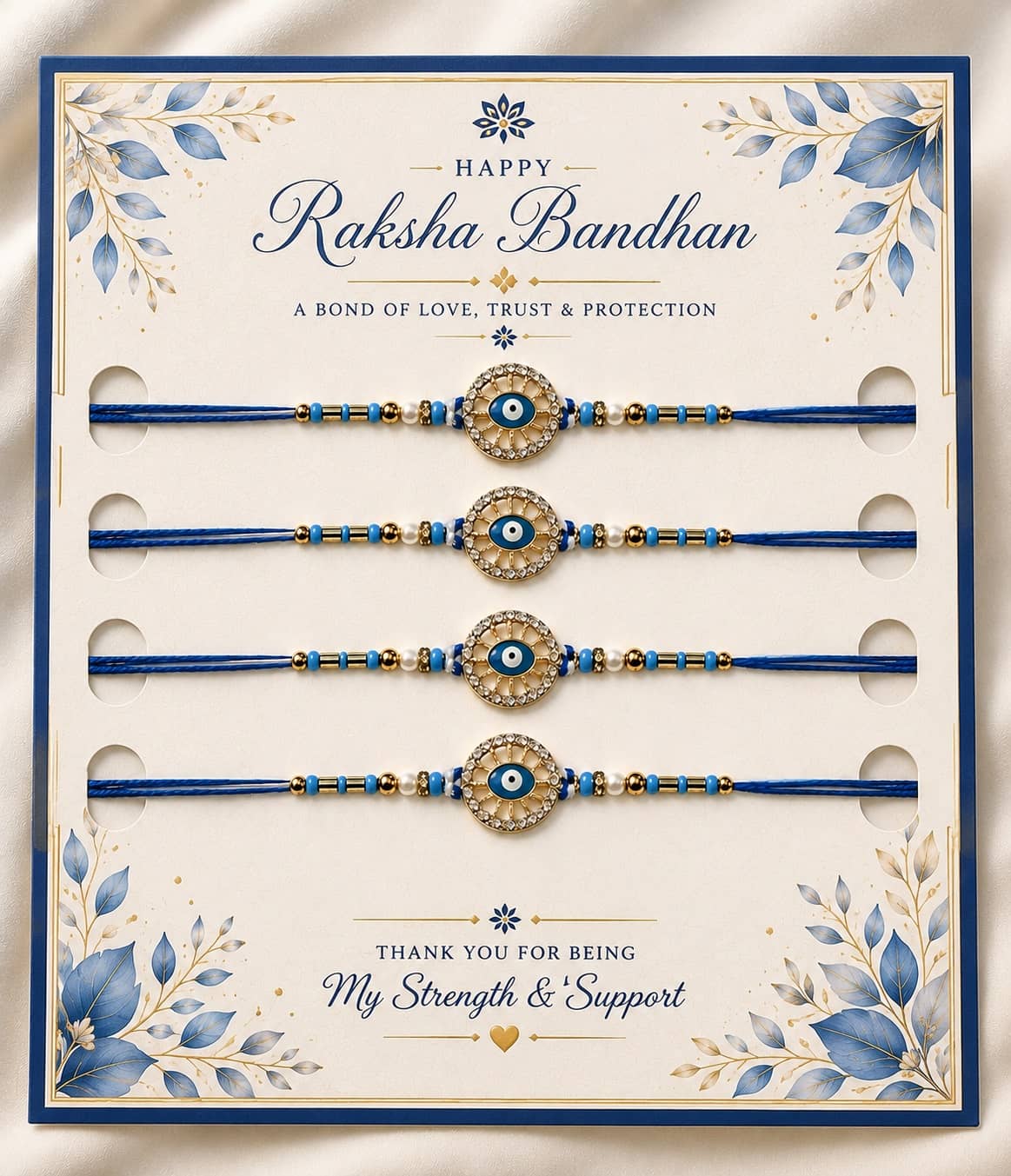 Rhosyn Fancy 4 × Evil Eye (Nazar) Rakhis 1 × Greeting Card 1 × Small Roli Pack Adjustable Rakhi ( Pack of 4 , Blue ) - Bangles & Bracelets | Buy online on ZillyBuy