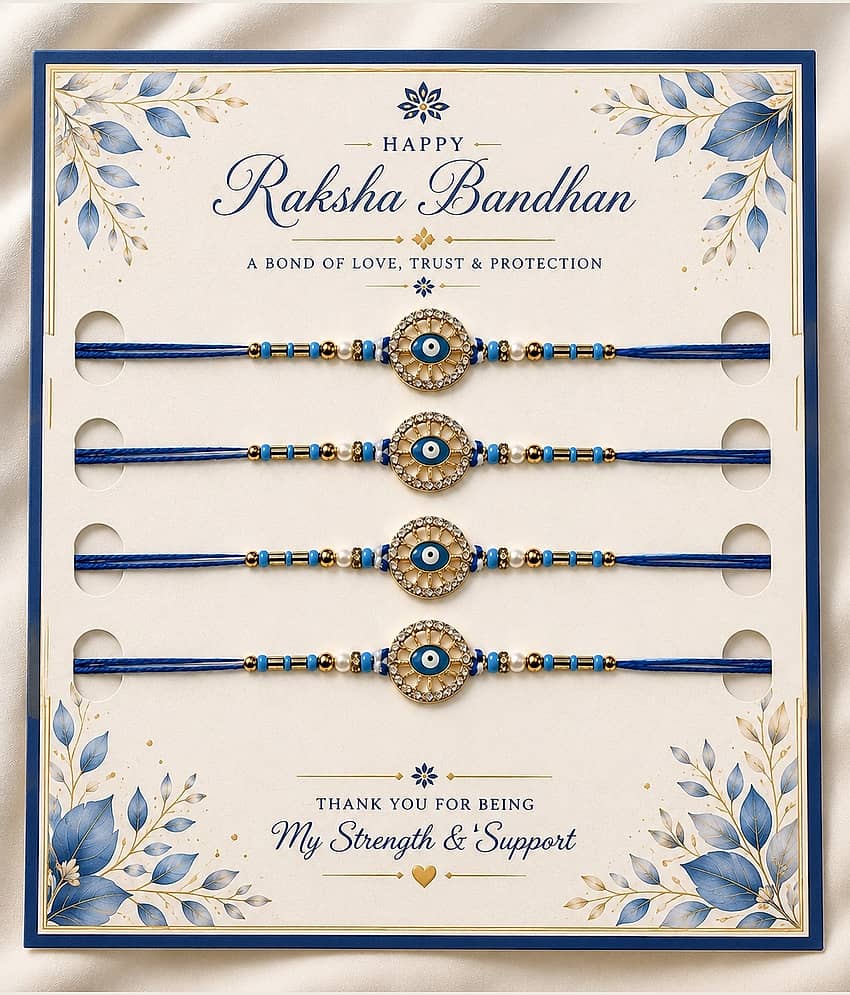 Rhosyn Fancy 4 × Evil Eye (Nazar) Rakhis 1 × Greeting Card 1 × Small Roli Pack Adjustable Rakhi ( Pack of 4 , Blue ) - Bangles & Bracelets | Buy online on ZillyBuy