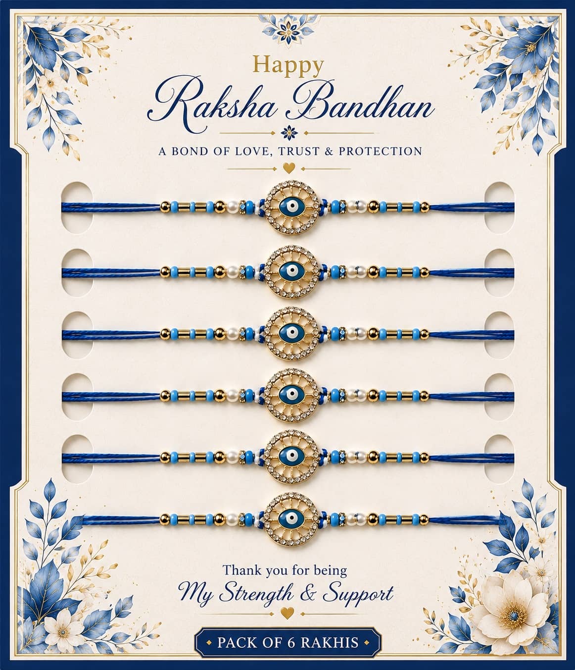 Rhosyn Handmade 6 × Evil Eye (Nazar) Rakhis 1 × Greeting Card 1 × Small Roli Pack Adjustable Rakhi ( Pack of 6 , Blue ) - Bangles & Bracelets | Buy online on ZillyBuy