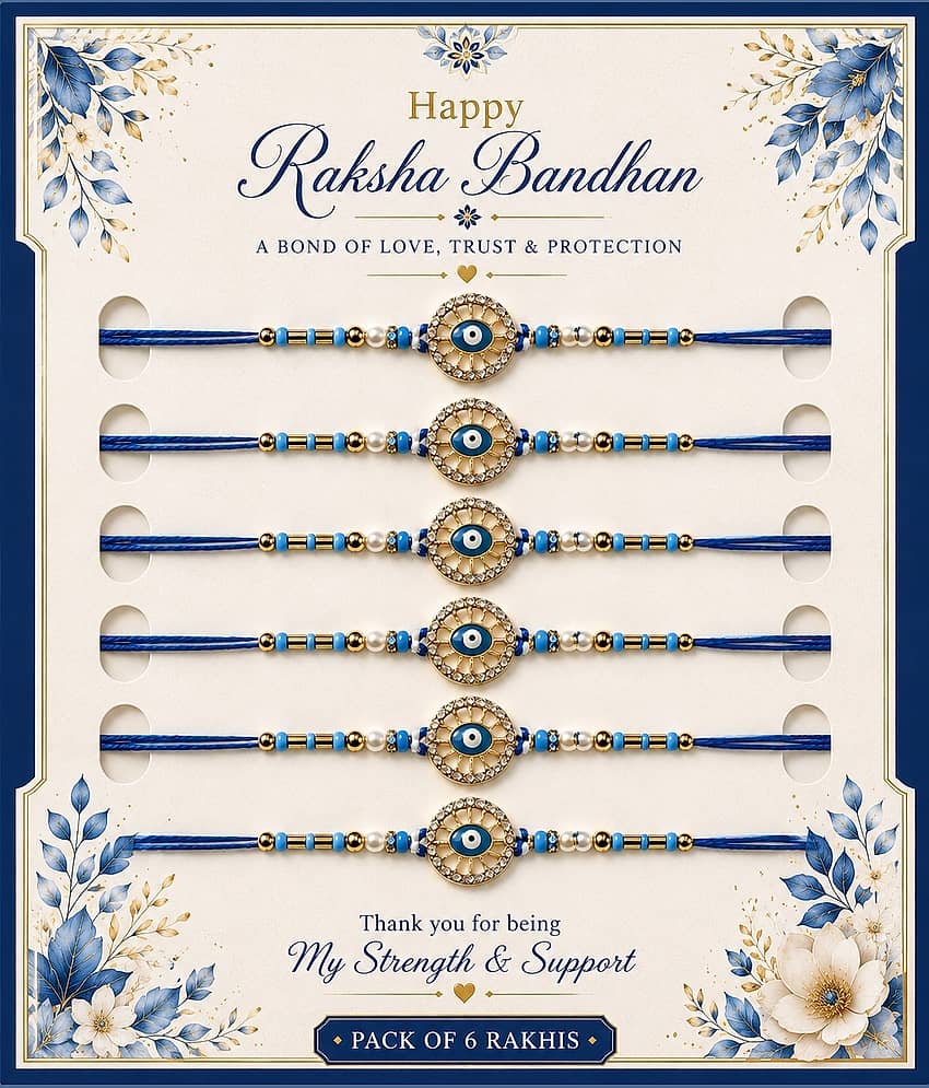 Rhosyn Handmade 6 × Evil Eye (Nazar) Rakhis 1 × Greeting Card 1 × Small Roli Pack Adjustable Rakhi ( Pack of 6 , Blue ) - Bangles & Bracelets | Buy online on ZillyBuy